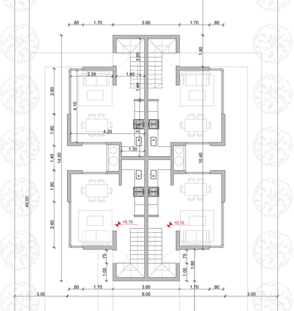 Plano de planta baja de los aparts: living-comedor y cocina de cada unidad